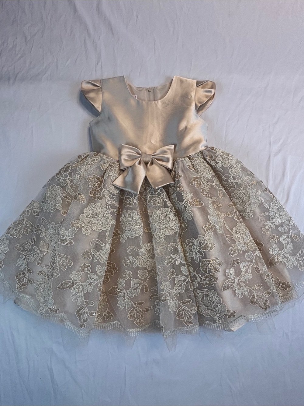 Bonnie Jean Champagne Lace Bow Formal Dress